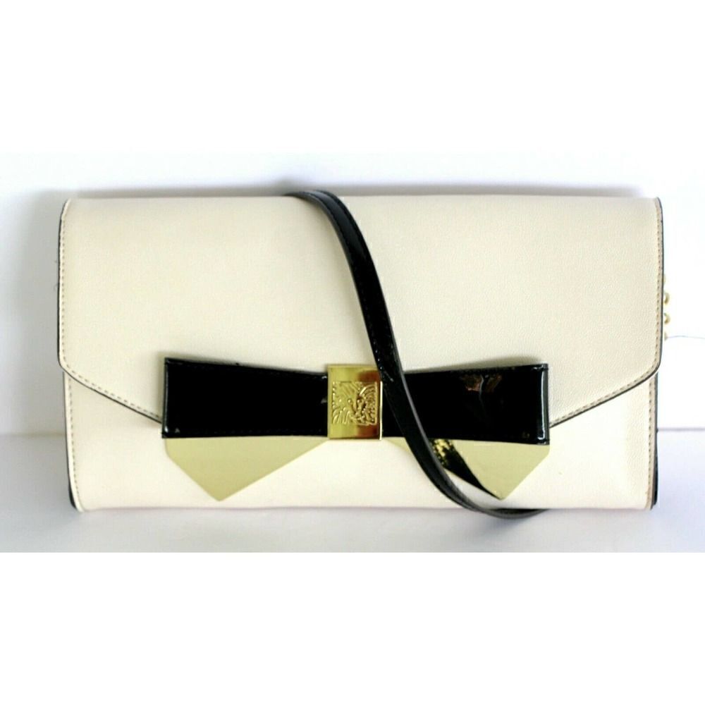 Anne Klein IVORY COATED GENUINE LEATHER BLACK GOLD BOW FLAP SHOULDER BAG CLUTCH